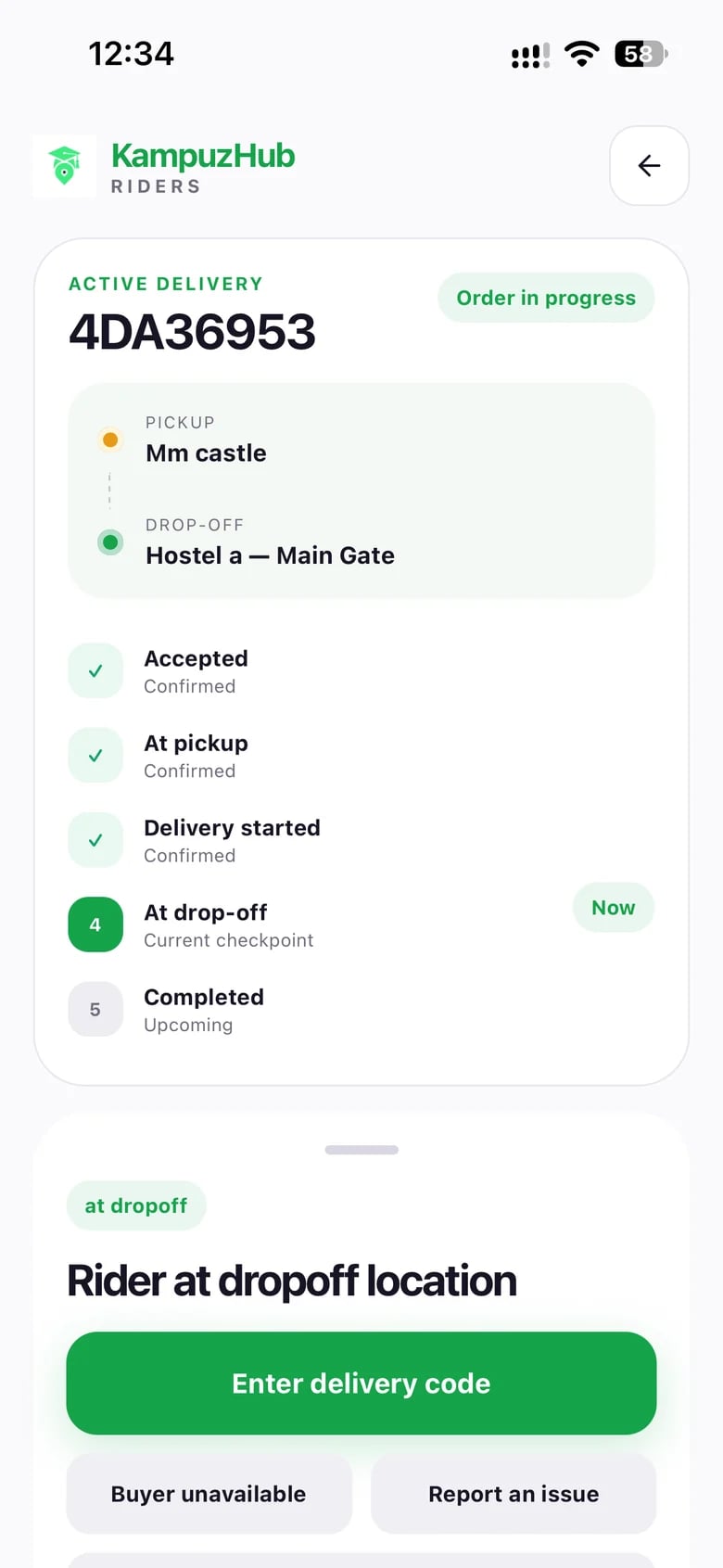 Original Rider app delivery capture with pickup, drop-off, confirmed stages and delivery code action.